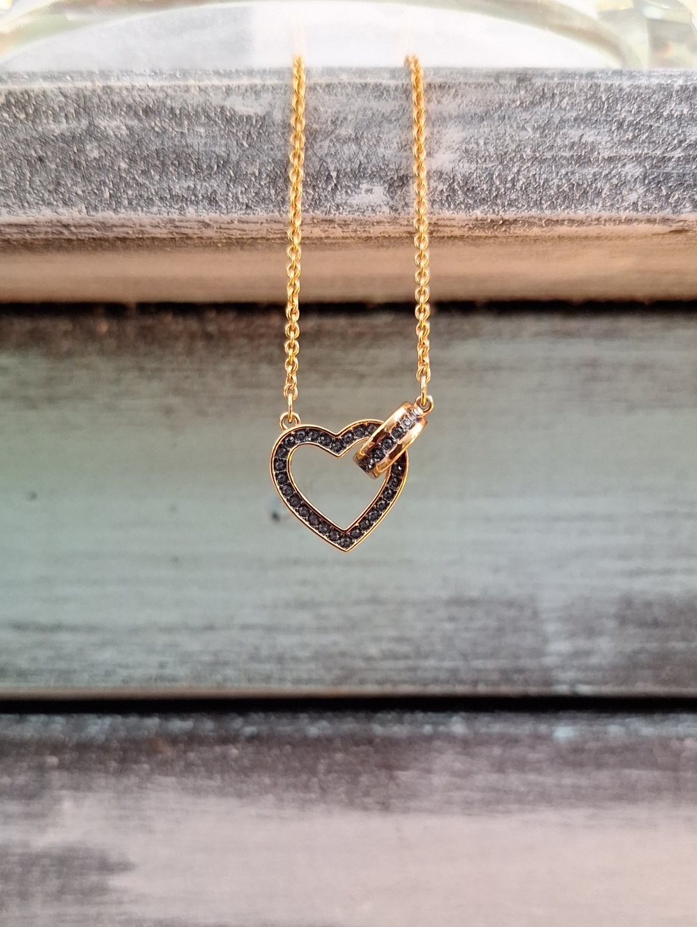 #zzz--01 Swarovski Heart Pendant Necklace with Black Crystal Accent